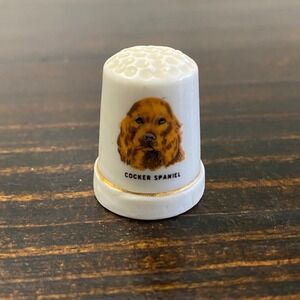 Vintage Porcelain Cocker Spaniel Dog Collectible Thimble Gold Gilt Trim White